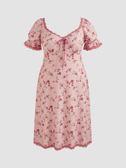 Square Neck Strawberry Graphic Contrasting Lace Trim Midi Dress Curve & Plus