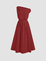Cotton-blend Asymmetrical Neck Solid Ruffle Midi Dress