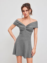 Knit Off-shoulder Solid Twist Mini Dress