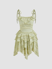 Lace Square Neck Layered Knotted Mini Dress