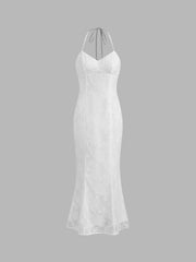 Jacquard Halter Neckline Solid Maxi Dress