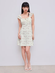 Ditsy Floral Square Neck Drawstring Ruched Mini Dress