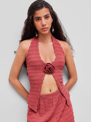 Halter Neckline Solid Rosette Texture Tank Top