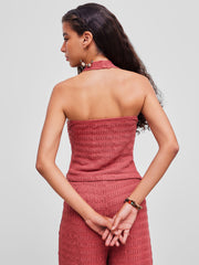 Halter Neckline Solid Rosette Texture Tank Top