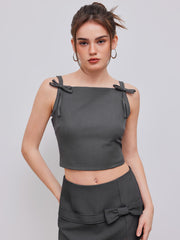 Woven Square Neck Solid Bowknot Crop Cami Top