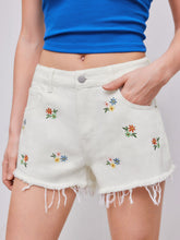 Denim Mid Rise Floral Embroidery Wide Leg Shorts