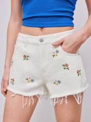 Denim Mid Rise Floral Embroidery Wide Leg Shorts
