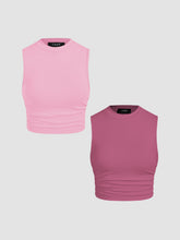 2 Pack Round Neck Solid Ruched Crop Tank Top
