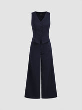 Solid V-neck Button Vest Wide Leg Jumpsuit