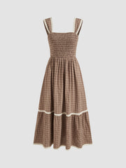 Square Neck Shirred Gingham Maxi Dress