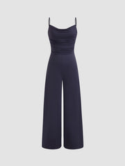 Square Neck Solid Ruched Lace Jumpsuit