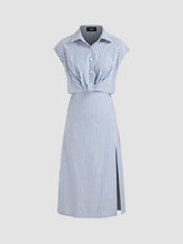 Cotton-blend Collar Striped Split Midi Shirt Dress