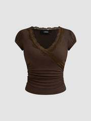 Jersey Low-Rise Flared Trousers & Lace Trim Ruched Tee