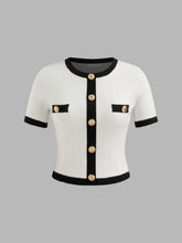 Knitted Round Neck Contrasting Binding Short Sleeve Top