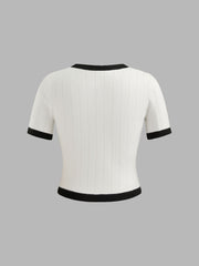 Knitted Round Neck Contrasting Binding Short Sleeve Top