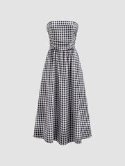 Tube Gingham Ruffle Shirred Zipper Midi Dress