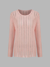 Knit Round Neckline Solid See-through Striped Long Sleeve Top