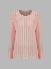 Knit Round Neckline Solid See-through Striped Long Sleeve Top