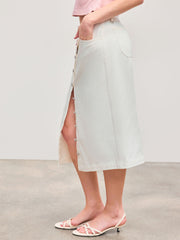 100% Cotton Mid Rise Solid Button Pocket Maxi Skirt