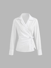 100% Cotton Collar Solid Wrap Knotted Long Sleeve Shirt
