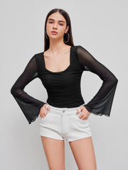 Solid Mesh Bell Sleeve Ruched Bodysuit
