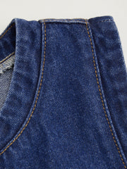 Denim Round Neckline Solid Pocket Button Mini Dress