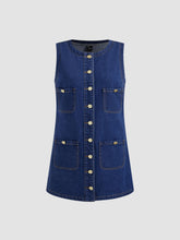Denim Round Neckline Solid Pocket Button Mini Dress