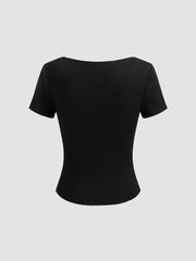 Cotton-blend Boat Neckline Solid Short Sleeve Tee