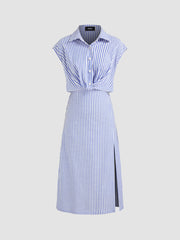 Cotton-blend Collar Striped Split Midi Shirt Dress