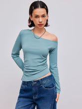Asymmetrical Neck Solid Ruched Long Sleeve Top