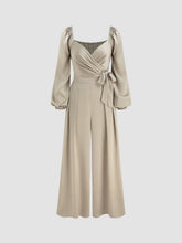 V-neck Solid Wrap Pleated Knotted Wide Leg Jumpsuit