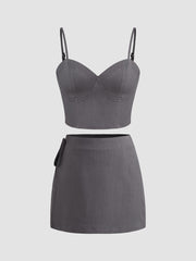 Solid Zipper Cami Crop Top & Solid Knotted Mini Skirt