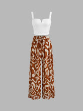 Square Neck Solid Crop Tank Top With High Rise Abstract Knotted Wide Leg Trousers