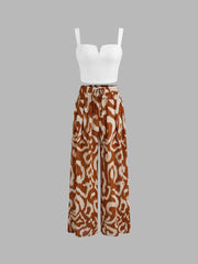 Square Neck Solid Crop Tank Top With High Rise Abstract Knotted Wide Leg Trousers
