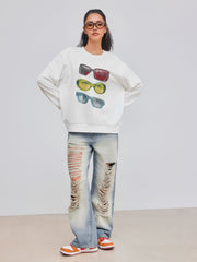 Terry Round Neckline Glasses Graphic Oversized Sweatshirt