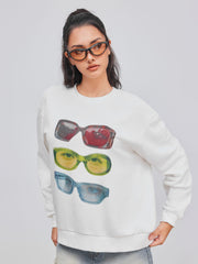 Terry Round Neckline Glasses Graphic Oversized Sweatshirt