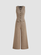 Cotton-blend V-neck Gingham Button Pocket Wide Leg Jumpsuit