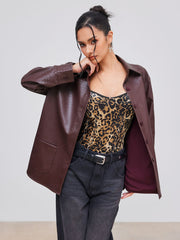 Faux Leather Collar Solid Pocket Shacket
