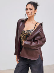 Faux Leather Collar Solid Pocket Shacket