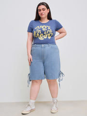Denim Mid Rise Striped Knotted Pocket Knee Length Wide Leg Shorts Curve & Plus