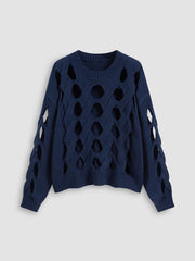 Knitted Round Neckline Solid Hollow Out Oversized Long Sleeve Top