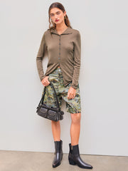Wool-blend High Neck Solid Ruched Button Long Sleeve Top