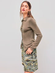 Wool-blend High Neck Solid Ruched Button Long Sleeve Top
