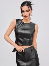 Faux Leather Round Neckline Solid Knotted Backless Crop Top