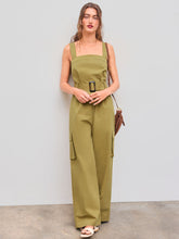 100% Cotton Solid Pocket Cargo Jumpsuit With Belt
