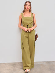 100% Cotton Solid Pocket Cargo Jumpsuit With Belt