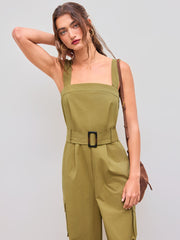100% Cotton Solid Pocket Cargo Jumpsuit With Belt