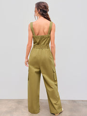 100% Cotton Solid Pocket Cargo Jumpsuit With Belt