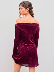 Velvet Boat Neckline Floral Lettuce Trim Mini Dress