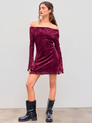 Velvet Boat Neckline Floral Lettuce Trim Mini Dress